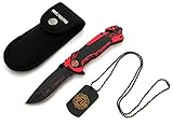 KOSxBO® Firefighter Rescue Knife EMS Rettungsmesser mit Glasbrecher, Gurtschneider, Messertasche und Dog Tag, Feuerwehr Messer schwarz rot