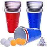 Faburo 46PCS Partybecher Becher Set, Red Cups Blue Cups Trinkbecher 480ml/16oz mit Tischtennisball Würfel Pong Party Becher Wiederverwendbare Becher für Weihnachten Geburtstagsfete Hochzeit