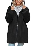 Xnova Damen Teddy-Fleece Mantel mit Reißverschluss, Oversized Hoodies Jacke mit Taschen, Flauschige Fuzzy Sherpa Kapuzenpullover Coat, Slouchy Outdoor Winterjacke Strickmantel (Schwarz, M)