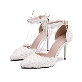 Brautschuhe Damen, 9Cm Kleid Spitz Stiletto Sandalen Spitze Blume Oberen Eleganten Bequemen Mode Pumps Für Hochzeit Party Abend Abschlussball,Weiß,38 EU