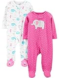 Simple Joys by Carter's Baby Mädchen Baumwoll-Strampler mit Fuß, 2er-Pack, Rosa, Elefant/Wale, 6-9 Monate