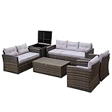 MeXo Lounge Gartenmöbel Set, Polyrattan Sitzgruppe bis zu 7 Personen Wetterfest Loungemöbel mit Aufbewahrungskoffer Tisch, Sofa, Kissen für Garten, Balkon, Terrasse(7 Sitzer Gartenmöbel Grau)