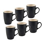 Kaffeebecher 6er Set je 340 ml - schwarz matt / innen beige - Kaffeebecher mit Henkel - Tee Becher Kaffee Tasse aus Porzellan