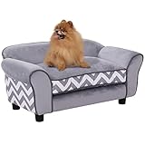 PawHut Hundesofa, Haustiersofa mit erhöhten Füßen, Hundecouch, Hundeliege mit Kissen, Hundebett, Katzensofa, Waschbar, Samt, Grau, 73,5 x 41 x 33 cm