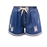 Damen Stilvolle Loose Fit Jeans Shorts Baggy Casual Weite Beintaschen Denim Shorts Kordelzug Krawatte Breites Bein Sommer Kurze Jeans (M,Blau 1)