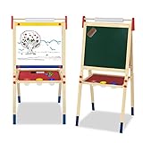 Froadp Multifunktions Kindertafel aus Kiefer, Doppelseitige Schreibtafel mit Ablagefächer, Standtafel Set inkl. Magnetische Aufkleber Tassen malen Markierungen Kreide (Type B, Höhenverstellbar)