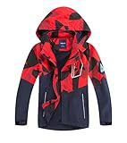 LAUSONS Kinder Gefütterte Regenjacke Jungen Camouflage Wasserdicht Jacke Leichte Übergangsjacke mit Abziehbar Kapuze Rot DE: 140-146 (Herstellergröße 140)