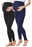 Be Mammy Damen 2er Pack Lange Umstandsleggings aus Baumwolle BE20-230 (Schwarz/Marineblau, XL)