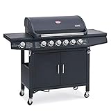 TAINO RED 6+1 Gasgrill 6-Brenner Grillwagen mit Seitenkocher, Thermometer, Grillspieß-Auflage, Piezo-Zündung und integriertem Flaschenhalter