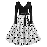 1950er Rockabilly Petticoat Kleid Damen Mittelalter Ballkleid Retro Swingkleid Cocktailkleid Tunikakleid mit Schleifenknoten Langärmliges Abendkleid mit V-Ausschnitt Tupfendruck Partykleid