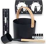 SULENO - Sauna Set KJELL | 9-teilig - Saunakübel, Saunakelle, Klimamesser 2in1, Sanduhr, Saunadüfte, Saunazubehör (Schwarz)