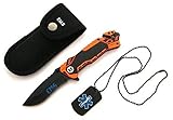 KOSxBO® Rescue Knife EMS Rettungsmesser mit Glasbrecher, Gurtschneider, Messertasche und Dog Tag, schwarz orange blau