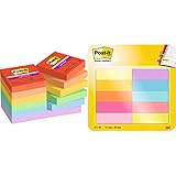 Post-it Super Sticky Notes Playful Collection, Packung mit 12 Blöcken, 90 Blatt pro Block, 47, 6 mm x 47, 6 mm, Rot, Orange, Gelb, Grün, Blau, Lila & Notes Marker, 10 Blöcken, 50 Marker pro Block