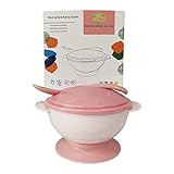 CAM2 Baby Saugnapf mit Deckel Set, Löffel,rutschfest Kinder Geschirr Schüssel Schale Schälchen Set Breischale Esslernschale（Rosa）