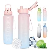 Trinkflasche 1l, Wasserflasche Auslaufsicher, Trinkflasche Sport Kohlensäure Geeignet, BPA Frei Sportflasche mit Filter und Zeitmarkierung für Fahrrad, Fitness, Wandern, Outdoor