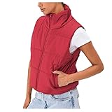 Dream Room Weste Damen Kurz Reitjacke Winter Crop Weste FüR Damen ÄRmellose Daunenweste Kapuzenweste Kurze Steppweste Winteroberbekleidung Outdoor Outwear Winterjacke,Red-2,XL