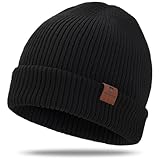 BARFULKER Beanie Mütze Damen Herren, Winter Warm Strickmütze Wintermützen Thermo Laufmützen Dehnbare Weiche Wollmütze mit Bündchen und Dickem Warmem Futter Geschenk Unisex,Schwarz