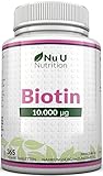 Biotin hochdosiert 10.000 mcg - für Haar-Wachstum, kräftige Nägel & gesunde Haut - volle Jahresversorgung - 365 Tabletten - Nahrungsergänzungsmittel von Nu U Nutrition