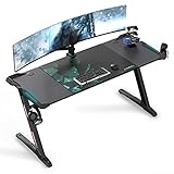 EUREKA ERGONOMIC Gaming Schreibtisch 153 × 60cm Groß Gaming Tisch mit LED Beleuchtung Z60 Gamer PC Tisch Lang Gaming Computertisch mit Mausunterlage, Getränkehalter und Kopfhörerhaken, Schwarz