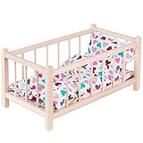 GOLDKIDS Puppenbett Spielzeug Holzspielzeug Naturholz mit Textilausrüstung Bettwäsche Matratze Kopfkissen Bettdecke Bett für Puppen