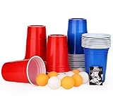 AEIWUMOK Beer Pong Becher,(50 Beerpong Becher 10 Bällen) Bierpong Becher Set,480ml Beerpongbecher mit Bällen,Partybecher 25 Rot und 25 Blau 16.23oZ,mehrwegbecher Für Party Trinkspiele - Groß