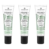 essence PRIME+ STUDIO REDNESS CORRECTING +pore minimizing PRIMER, Grundierung, mit natürlilchem, grünen Ton, grün, grundierend, matt, vegan, ölfrei, ohne Alkohol, 3er Pack (3 x 30ml)