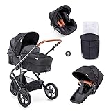 Hauck Dreirad Kombi Kinderwagen Pacific 3 Shop N Drive, inkl. Babywanne umbaubar zu Sportsitz, inkl. Autositz, inkl. Beindecke, Sitz Wendbar, Höhenverstellbar, Große Räder, Schwarz, 1 Stück (1er Pack)