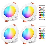 LED Einbaustrahler 8W (ersetzt 60W), RGBW mit Fernbedienung Rund Deckenspots IP44 Warmweiß 2700K Einbauleuchte RGB Farbwechsel Farbige Dimmbare ultra Flach (4er-Pack)