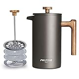 Poliviar French Press Kaffeebereiter 1 Liter/8 Tassen, Doppelwandige Isolierte Kaffeekanne und Teebereiter, Handfilter Kaffeepresse mit Plunger & Griff aus Holz, Cliff (Grau) JX2020-FPY-DE