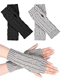 MELLIEX 2 Paar Halb Fingerlose Handschuhe, Damen Pulswärmer Winter Strickhandschuhe Warm Kurzer Halb Handstulpen Unisex Schwarz/Grau