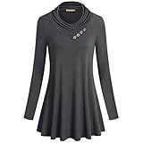 Damen Solide Geraffte Lange unregelmäßige Tunika für Winter Herbst Baggy Bluse Mode Temperament Sweatshirt Damen Langarm Wasserfallausschnitt Knopf einfarbig Swing Casual Tunika Top