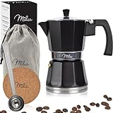 Milu Espressokocher Induktion geeignet |6 Tassen| Aluminium Mokkakanne, Espressokanne, Espresso Maker Set inkl. Untersetzer, Löffel, Bürste (Schwarz, 6 Tassen (300ml)