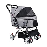 KaiLangDe Faltbare Kinderwagen für Katze/Welpen/Hund Reisen Jogger Haustier Träger mit 4 Räder Abdeckung Lagerung Korb Tasse Halter Umkehrbare Richtung (Color : Grey)