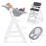 Hauck Alpha Newborn Set - Baby Holz Hochstuhl ab Geburt mit Liegefunktion inkl. Aufsatz für Neugeborene und Hochstuhlauflage, mitwachsend, höhenverstellbar - Weiss Grau