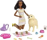 Barbie HCK76 - Welpen-Spielset mit Barbie-Puppe (ca. 29 cm, dunkelbraune Haare), Hündin, die Welpen gebären kann, 3 Welpen & Pflegezubehör, Spielzeug Geschenk für Kinder von 3 bis 7 Jahren