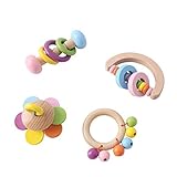 Promise Babe Bio Kleinkind Holzspielzeug Holz Beißring Rasseln 4pc für Kinder Regenbogenglocken Baby Ringer Montessori Pädagogisches Spielzeug Ungiftig Dusche Geschenk