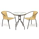 Bistroset Balkonset Rattanset – Sitzgarnitur aus Glastisch & Bistrostuhl – Stahlgestell Poly-Rattan Glasplatte – robust stapelbar – beige