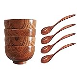 ZEARE Japanische Reisschale Suppenschüssel aus Kastanienholz für Reis, Suppen, Desserts, Knabbereien, 4er Set (11,9 cm Durchmesser) Schüssel für Kinder (Schalen + Löffel)