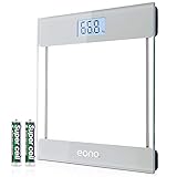 Amazon Brand - Eono Digitale Personenwaage mit hochpräzisen Sensoren und gehärtetem Glas, besonders schlankes Design, Gewichtsanzeige (kg/lbs/Stone) – 15 Jahre Garantie, Transparent