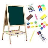 Dripex Kinder Tafel Holz Kindertafel Malerei Holztafel Doppelseitige Kreidetafel und Whiteboard Höhenverstellbar Standtafel mit 24Stk Zubehör (ab 3 Jahre)