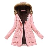 Leming Damen Winterjacken Plüsch Gefütterter Mittellanger Mantel mit Kapuze ReiÃŸverschluss Verschluss Langarm Frau Outwear Kordelzug Taille mit Taschen