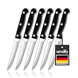 vendify® Premium Steakmesser 6er-Set - Scharfe Edelstahl Pizzamesser Spülmaschinenfest - Rostfreies Besteck-Set - Gezackte Fleisch-Messer