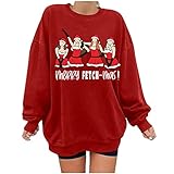 Yacyrtt Bluse Damenen Cute Weite Ärmel Pullover Heiligabend Polyester Tailliert Plisse Pullover Damen Schule Übergrößen Muster Coole Rundhals Rot