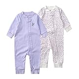 Baby Schlafstrampler Einteiliger Langarm Schlafanzug ohne Fuß 100% Bio-Baumwolle Baby Kleinkinder Schlafoverall Strampelanzug Pyjama 2er Pack Unisex für 0-24 Monate (Lila Blüten, 73cm)