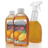 EASYmaxx Orangen-Reiniger 3-teiliges Set mit 2 x 500ml Reiniger-Konzentrat und Sprühflasche | Schmutzlösekraft für alle Flächen, ideal für Kochfelder, Grillroste, Backöfen u.v.m. | MADE IN GERMANY