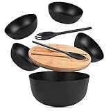 INNOVEST Salatschüssel Bambus mit Schneidebrett Deckel und Besteck, Salatbesteck-Inklusive 4 Servierschalen, Obstschüssel-Salad Bowl-Schüsselset-Snackschale-Große Rührschüssel-Schwarz, 24,9 cm