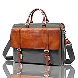 Leder Aktentasche für Herren, echtes Leder Laptop Messenger Bag, 14 Zoll Handgefertigte Vintage Canvas Leder Computer Schultertaschen für Arbeit, grau