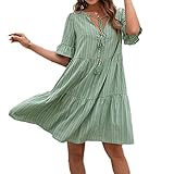 Beaufident Sommerkleider V-Ausschnitt Damen Kleider Kurzarm Loose Rüschen Freizeitkleider Einfarbig Strandkleider Minikleider Elegant A-Linie T-Shirtkleider Schwangeres Kleid Casual,XL,Grün