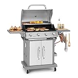 Klarstein Gasgrill für Camping Balkon Garten, Grill mit 4 Brenner, 14400W Edelstahl-Gasgrill, Outdoor Gasgrill mit Seitenbrenner, Gas Grill für Propan und Butangas, Gasgrills mit Grillabdeckung