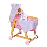 Zapf Creation 829981 BABY born Gute Nacht Stubenwagen - Puppen-Stubenwagen in Holzoptik mit rosa Stoffhimmel, Planetenmobile und Bettzeug